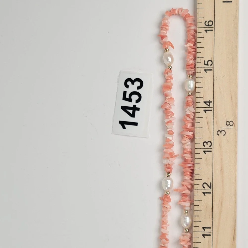 Vintage Pink Coral Chip Necklace Freshwater Pearls 14K Gold Spacers 34